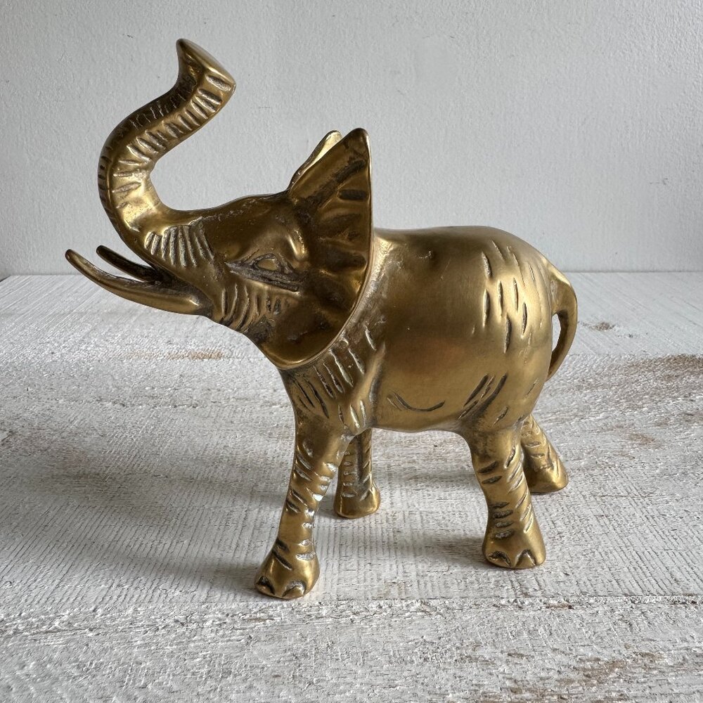 Vintage Brass Elephant Decor Figurine with Trunk Up
